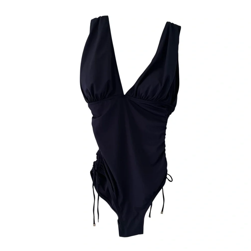 NWT Michael Michael Kors Navy Ruched One-Piece Swimsuit Size 8 Plunge Neckline - Picture 2 of 9